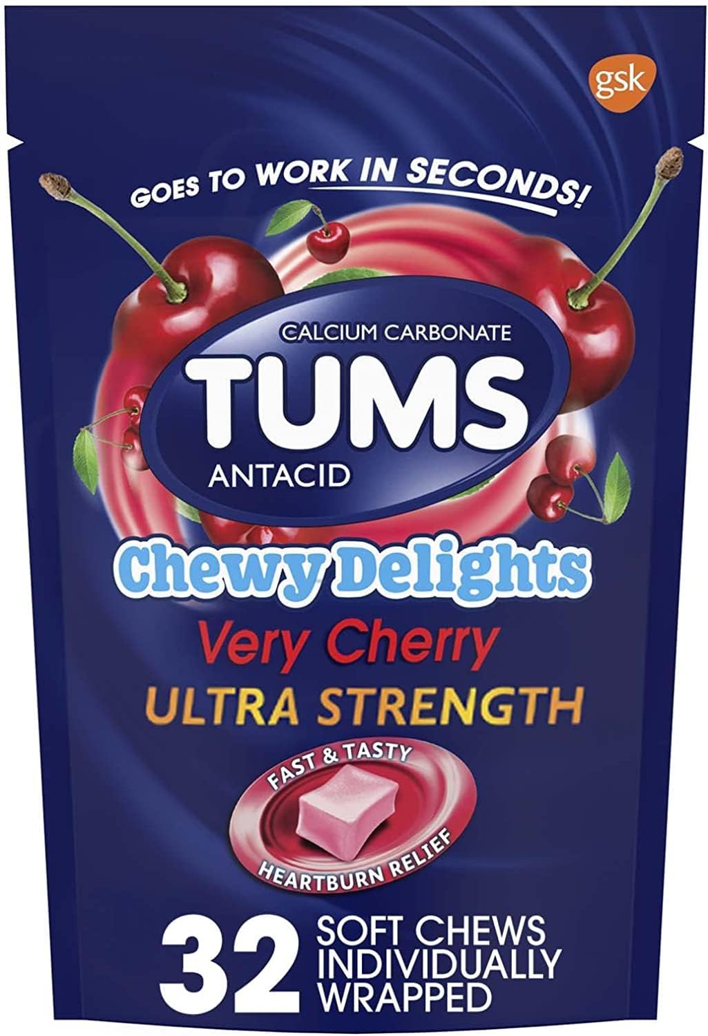 Tums Chewy Delights 软糖，樱桃味，（2 包，32 粒）TUMS 出品