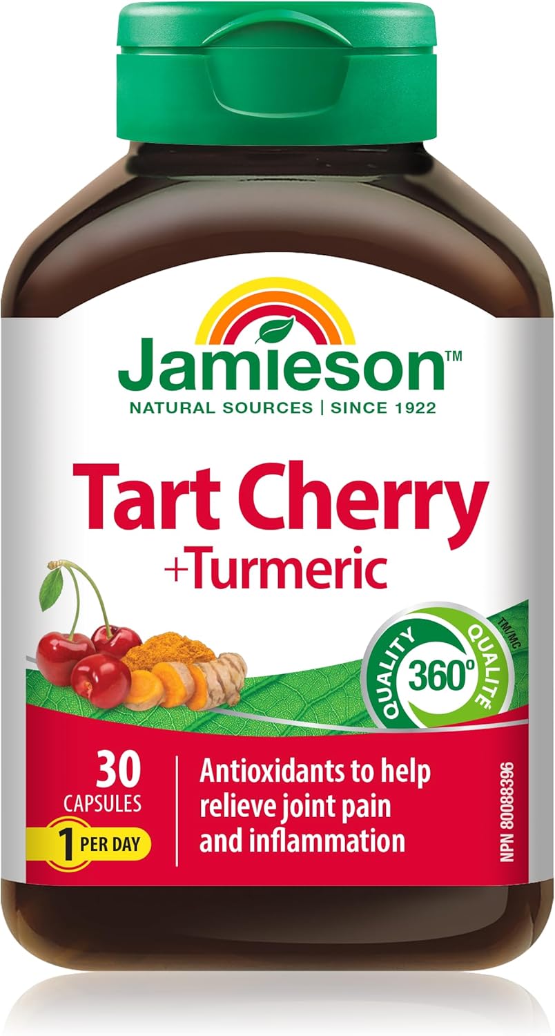 Jamieson姜黄100毫克，含酸樱桃500毫克，天然缓解关节疼痛，消炎助消化。非转基因，30粒素食胶囊，加拿大制造