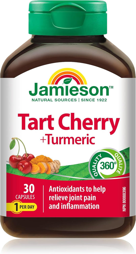 Jamieson姜黄100毫克，含酸樱桃500毫克，天然缓解关节疼痛，消炎助消化。非转基因，30粒素食胶囊，加拿大制造