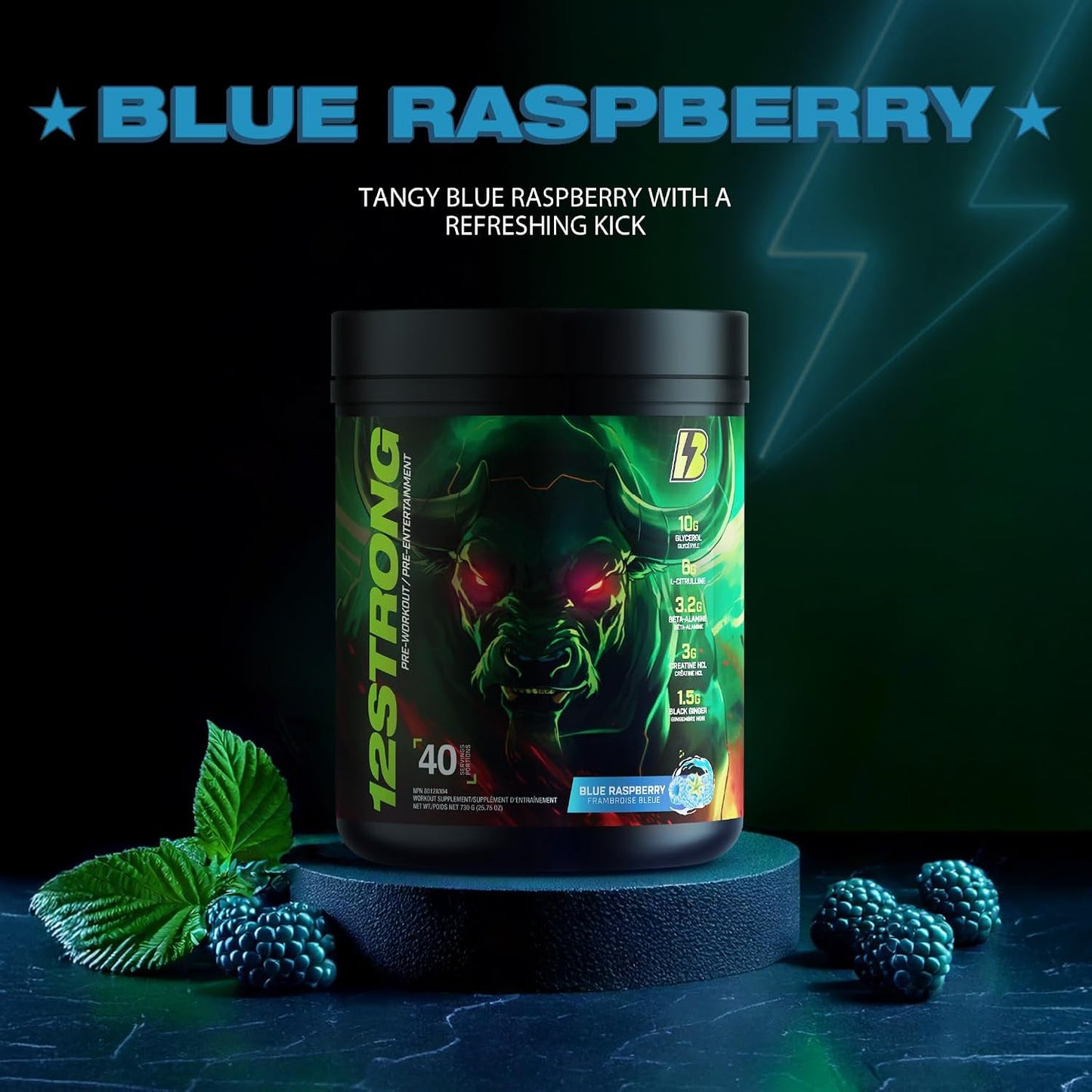 BULL Nutrition 12 STRONG - 含甘油、L-瓜氨酸、β-丙氨酸和肌酸补充剂的运动前粉末，可促进肌肉生长并提高耐力、力量、专注力和能量输出 - 加拿大制造 - 40 份……