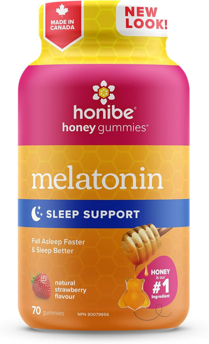 Honibe 褪黑素睡眠支持软糖 | 加拿大制造的蜂蜜软糖 | 夜间睡眠辅助 | 天然睡眠辅助剂，有助于缓解压力 | 褪黑素软糖有助于支持健康的睡眠辅助 | 睡眠软糖 | 70 粒软糖