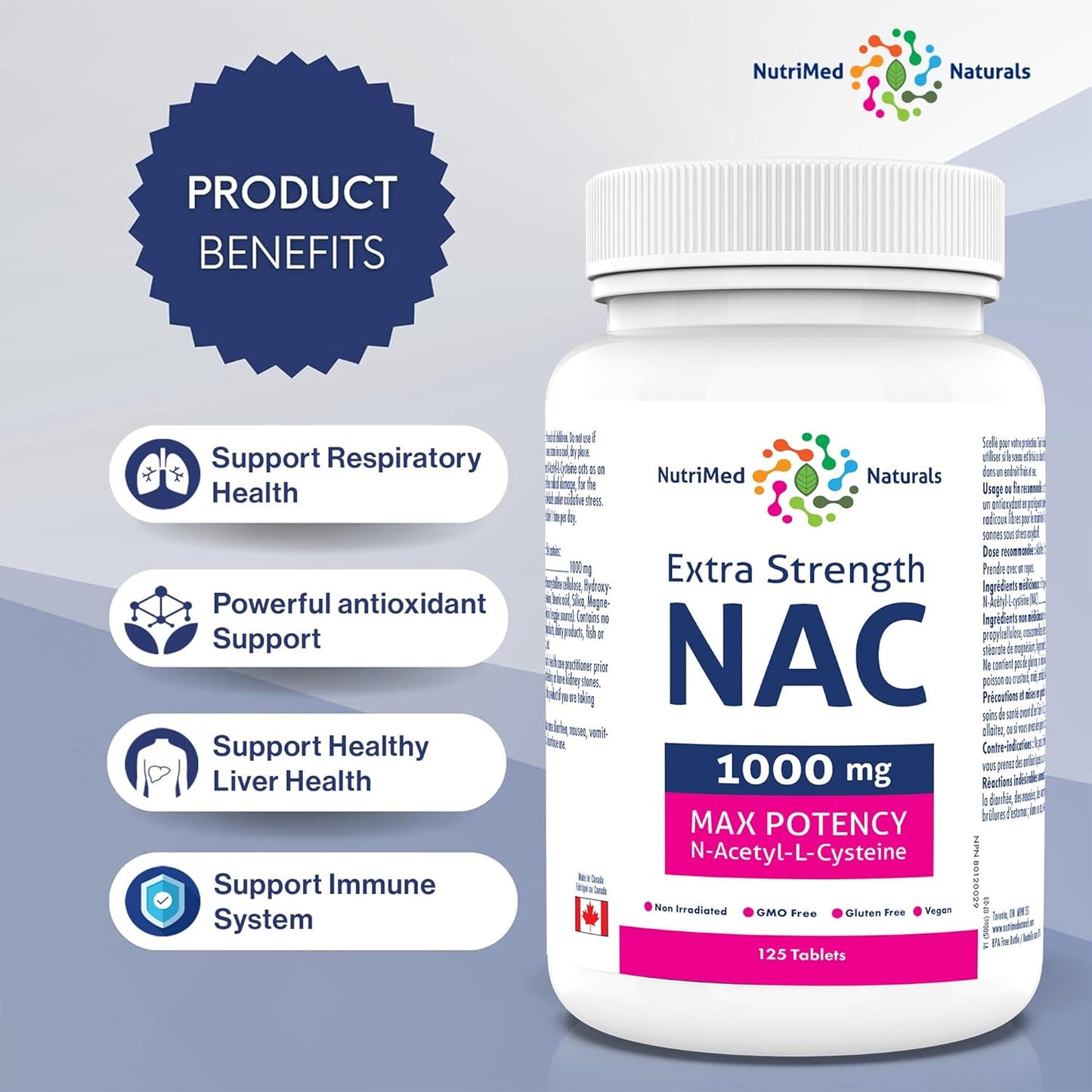 Nutrimed Naturals - 超強效 NAC 1000 毫克 125 片，4 個月用量 - 純素、非基因改造和無麩質 - 強效 N-乙醯-L-半胱氨酸 - 支持肺部和肝臟健康 - 支持呼吸健康