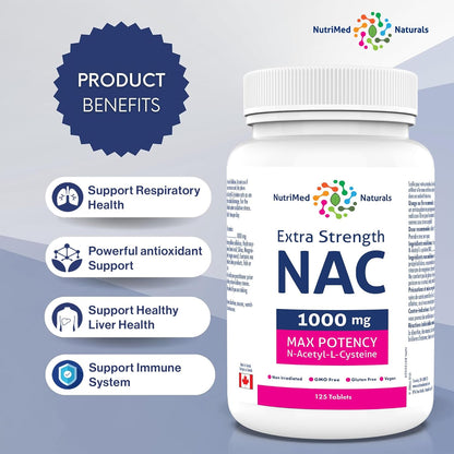 Nutrimed Naturals - 超強效 NAC 1000 毫克 125 片，4 個月用量 - 純素、非基因改造和無麩質 - 強效 N-乙醯-L-半胱氨酸 - 支持肺部和肝臟健康 - 支持呼吸健康