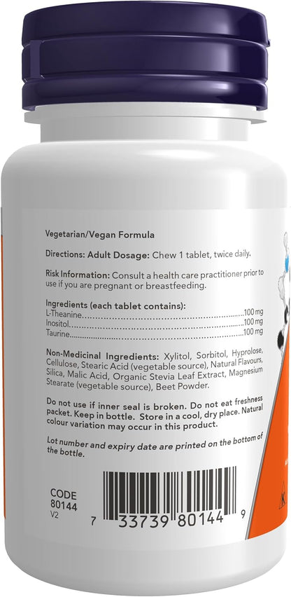 NOW Supplements, L-Theanine 100 mg with Inositol and Taurine Chewables, Tension Management*, 90 Count