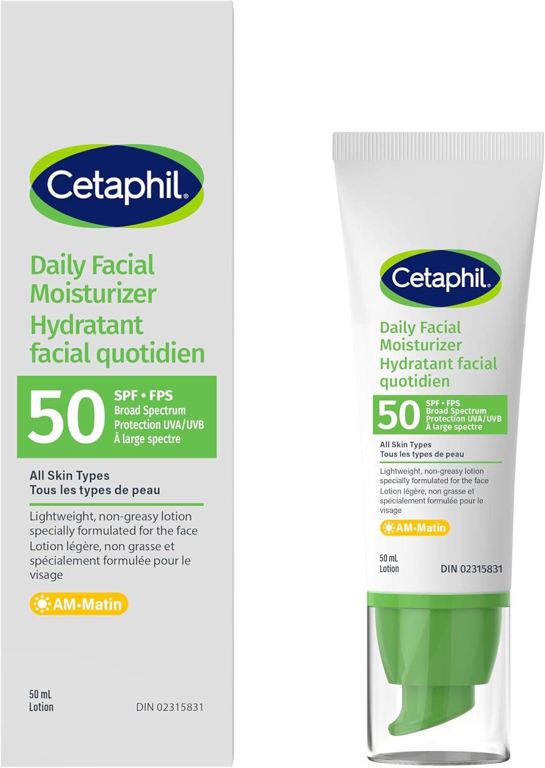 Cetaphil Daily Facial Moisturizer, SPF 50 Gentle Face Lotion for All Skin Types, Light Weight, Oil Free, Dermatologist Recommended Sensitive Skincare, 50ml, Pack of 1