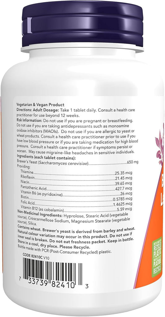 NOW Supplements, Brewer's Yeast 650 mg with naturally occurring B-Vitamins such as: Thiamin (B-1), Riboflavin (B-2), Niacin, B-6, Folic Acid and Biotin, 200 Tablets