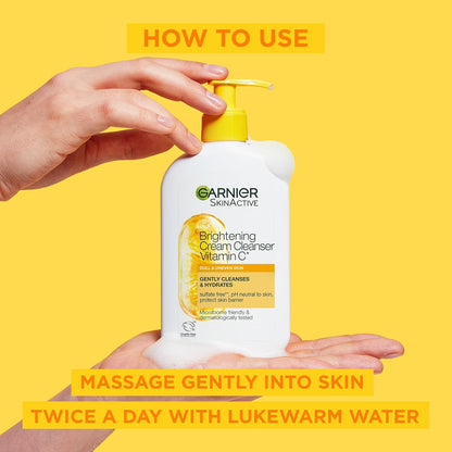 Garnier Vitamin C Cream Cleanser, Foaming Face Wash and Makeup Remover, Hydrates and Brightens Skin, Formulated With Glycerin, Without Sulfates, Dermatologically Tested, For Men and Women, 250ml