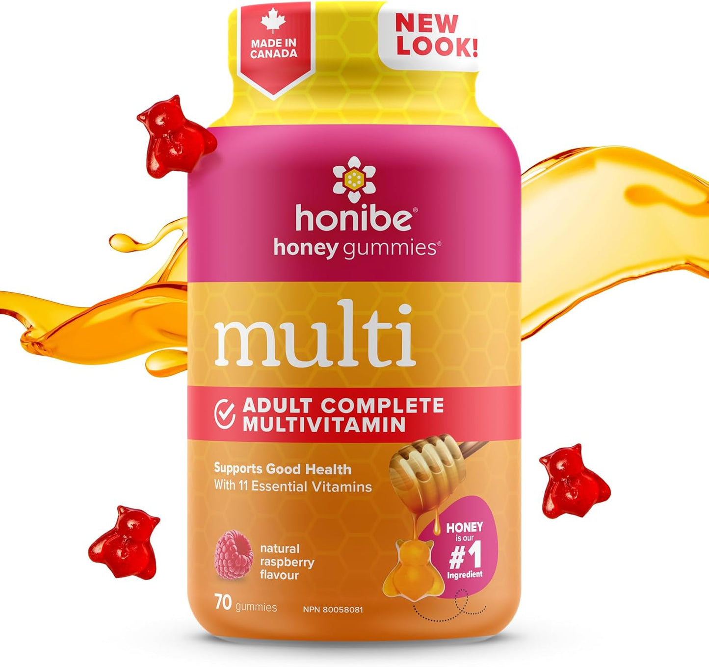 Honibe 成人複合維生素軟糖 | 加拿大製造的蜂蜜基維生素 | 男女適用咀嚼軟糖複合維生素 | 每日必需維生素和礦物質 | 素食維生素軟糖 | 70 粒軟糖 |