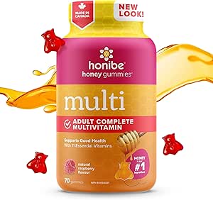 Honibe 成人複合維生素軟糖 | 加拿大製造的蜂蜜基維生素 | 男女適用咀嚼軟糖複合維生素 | 每日必需維生素和礦物質 | 素食維生素軟糖 | 70 粒軟糖 |