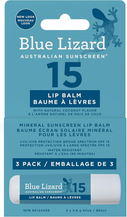 Blue Lizard Mineral SPF 15 Lip Balm 3-Pack, Vegan, Each Tube 0.13 oz