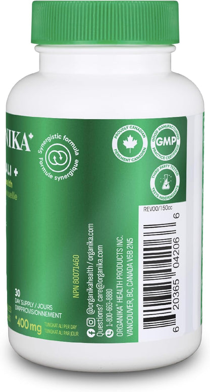 Organika 加拿大制造东革阿里 400 毫克 - 含玛卡、蒺藜和黑胡椒 - 增强男性阳刚之气 - 强效多成分混合物 - 60 粒胶囊