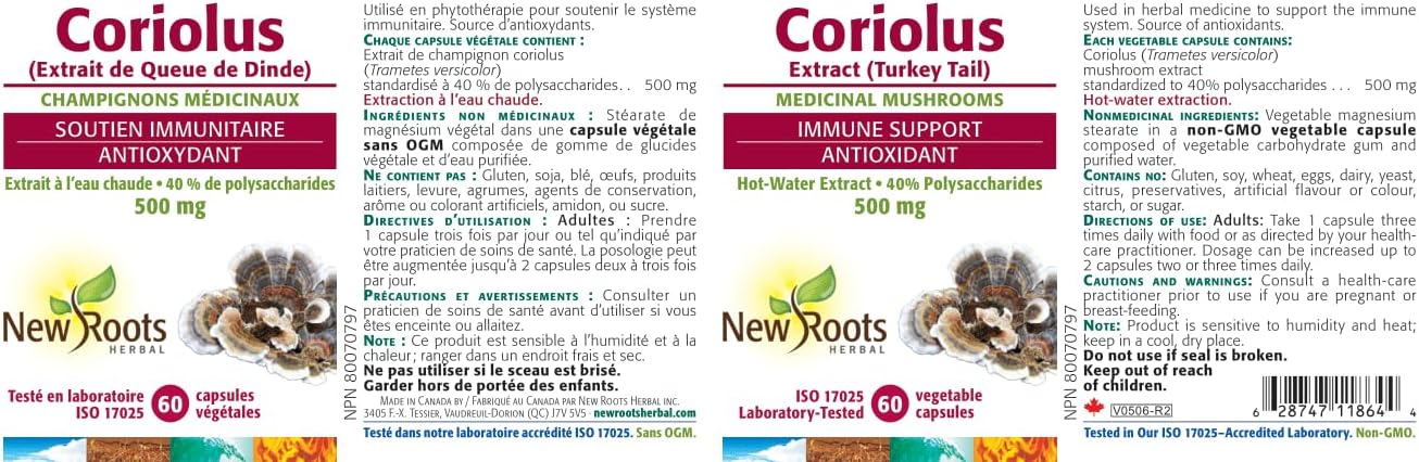 New Roots 云芝 - 火鸡尾药用蘑菇。增强免疫系统。60粒胶囊