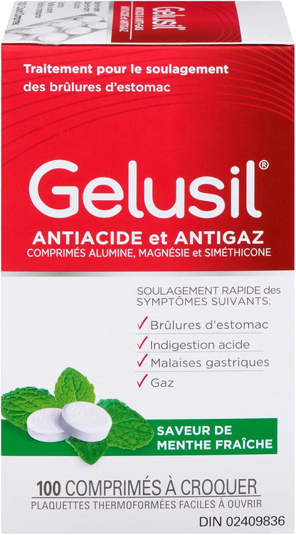 Gelusil® 抗酸咀嚼片 - 100 片，快速緩解胃部不適、胃灼熱、消化不良和脹氣，薄荷味