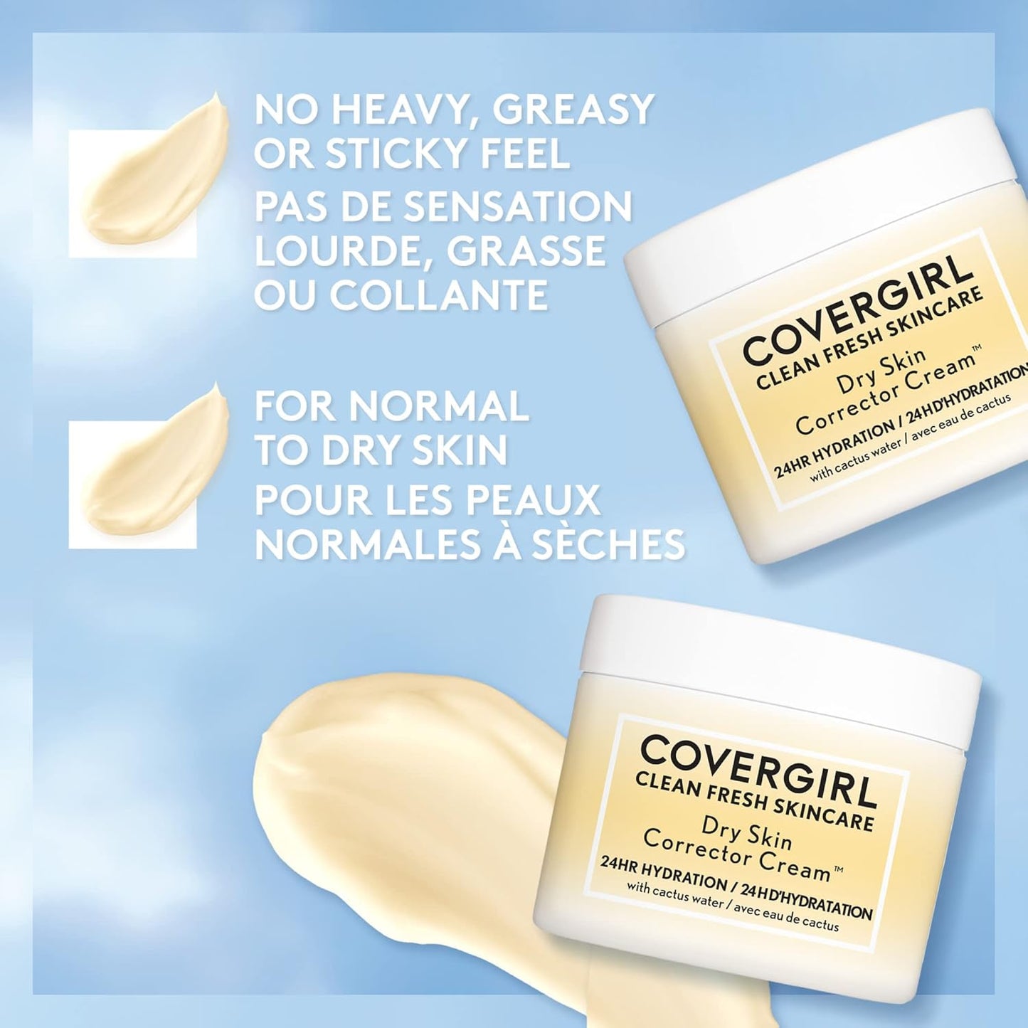 CoverGirl - Clean Fresh Skincare Dry Skin Corrector Cream, Formulated with Cactus Water, Hyaluronic Acid, Jojoba & Shea Butter for 24HR Deep Hydration, Non-greasy, 100% Vegan & Cruelty-Free
