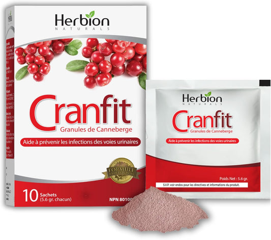 Herbion Naturals Cranfit 蔓越莓颗粒有助于预防复发性尿路感染 (UTI)，抗氧化剂来源，每袋含 250 毫克蔓越莓提取物，草本配方，溶于水，成人适用，10 袋