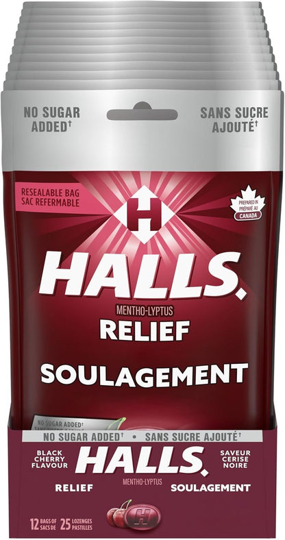 HALLS 无糖黑樱桃味止咳糖，润喉糖，缓解咽喉痛，薄荷醇润喉糖，25 粒，12 包，加拿大制造