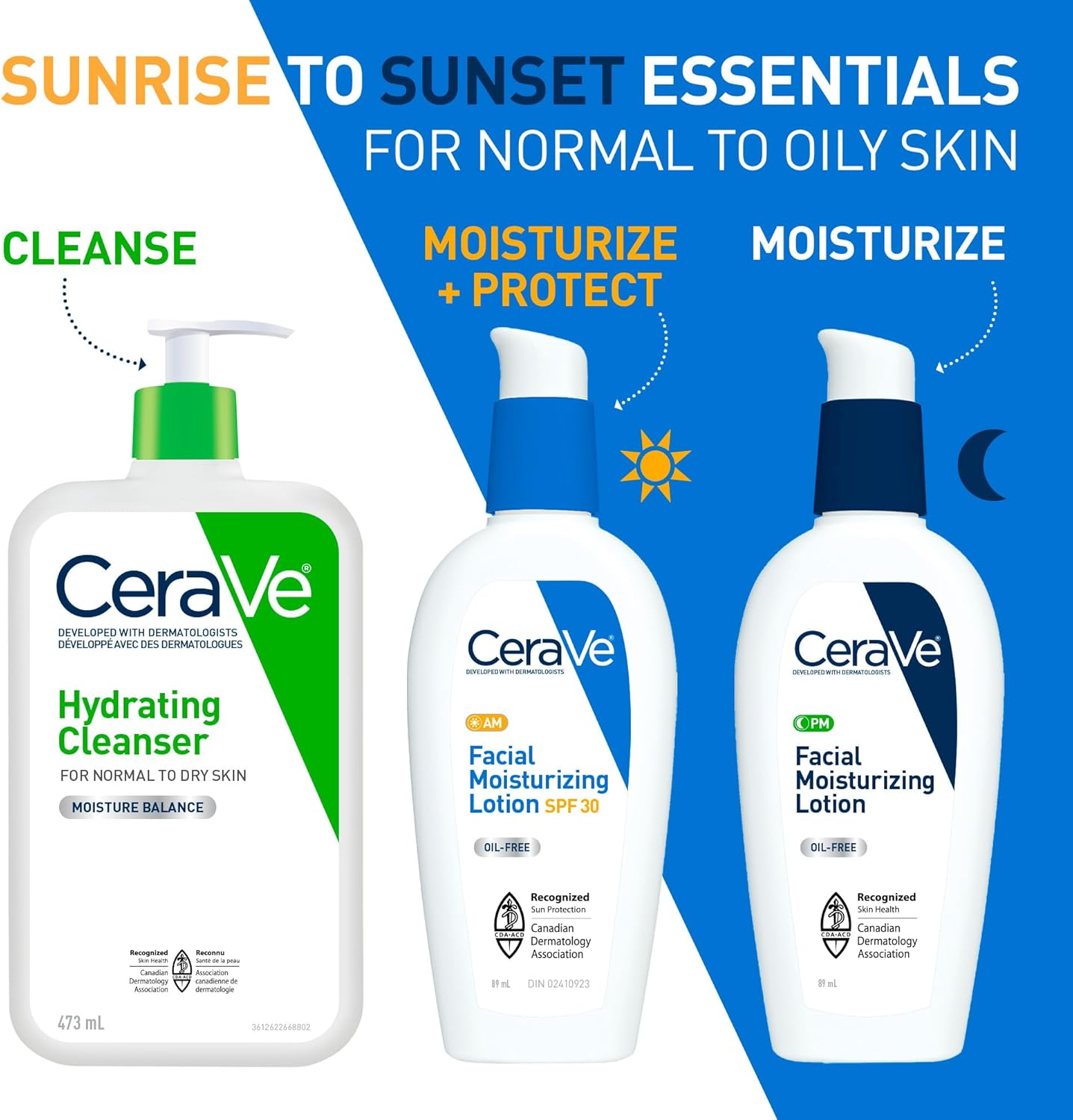 CeraVe 洁面乳和面霜套装（3 件装）、Cerave 日常必需品、保湿洁面乳、上午保湿乳液 SPF 30 和下午保湿乳液，含透明质酸和神经酰胺，无香型