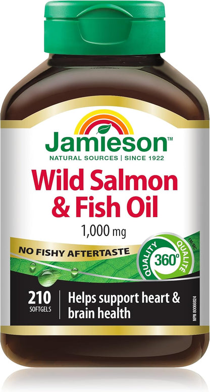 Jamieson 野生鮭魚魚油 1000 毫克，無魚腥味，有益心臟和大腦健康。蘊含阿拉斯加野生鮭魚、EPA 和 DHA，非基因改造，無麩質，加拿大製造，210 粒軟膠囊