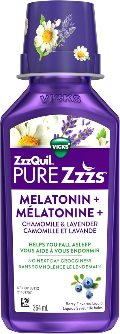 Vicks ZzzQuil Pure Zzzs 褪黑素液體，助眠劑，液體褪黑素 2 毫克，含洋甘菊和薰衣草，快速入睡，成人褪黑素助眠劑，漿果味，354 毫升