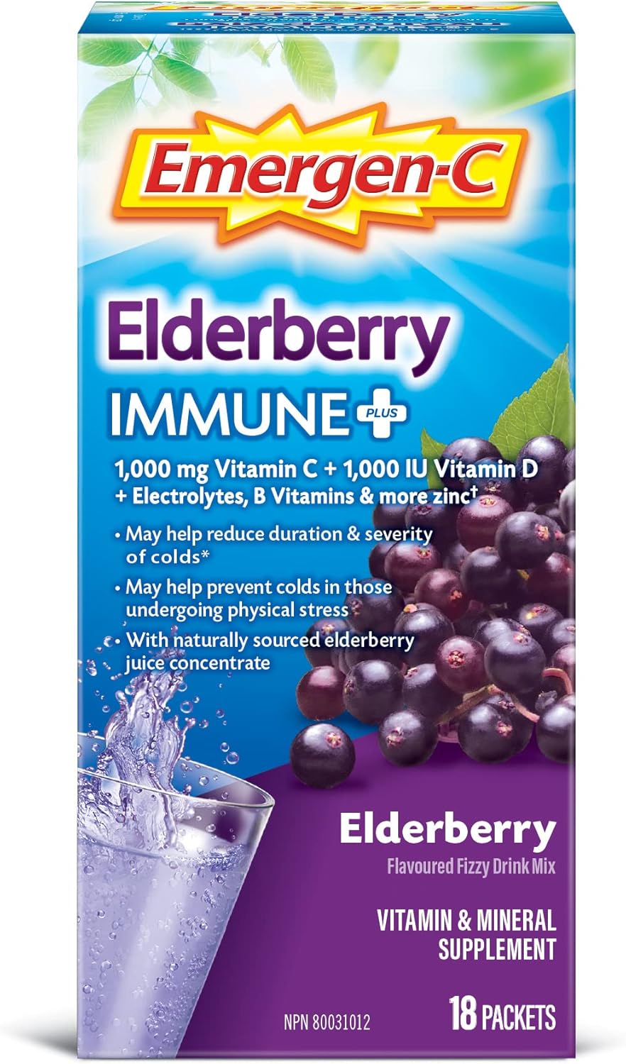 Emergen-C 維生素 C 粉劑補充劑，含電解質的飲料混合物，增強免疫力，接骨木果，18 包