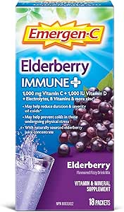 Emergen-C 維生素 C 粉劑補充劑，含電解質的飲料混合物，增強免疫力，接骨木果，18 包