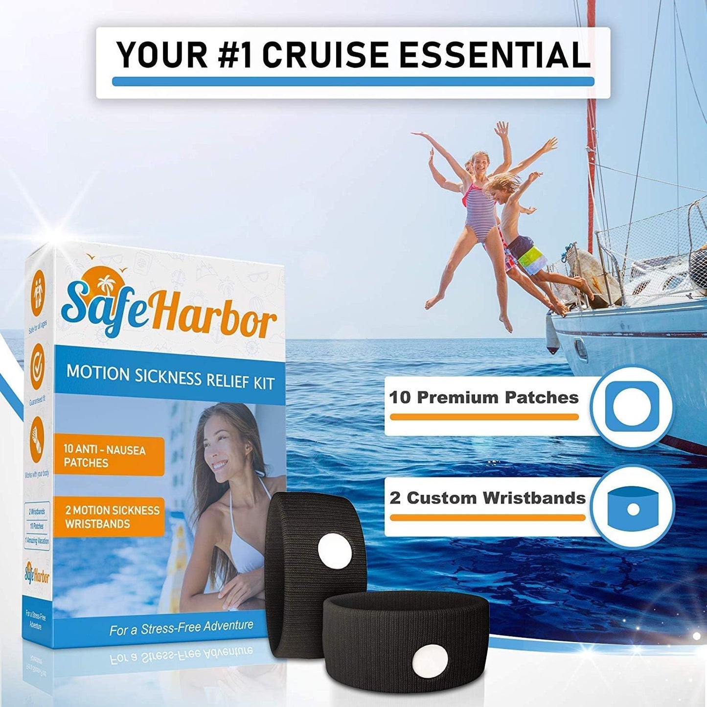 SafeHarbor Motion Sickness Relief and Anti Nausea Kit for Your Cruise Essentials | 2 Motion Sickness Bands 10 Natural + Herbal Relief Patches| Works for Children and Adults | Helpful E-Book Included