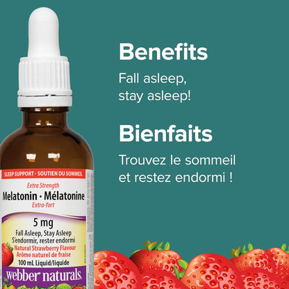 Webber Naturals Melatonin 5 mg Extra Strength Liquid, 100 mL, Strawberry Flavour, For Sleep Support, Vegan
