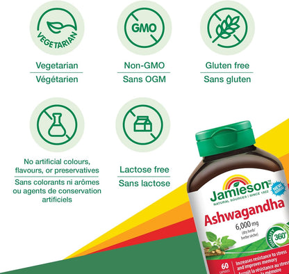 Jamieson 强效南非醉茄胶囊 6000 毫克，增强抗压能力、适应原，并提升记忆力。非转基因，素食，无麸质，每日仅需一粒，60 粒胶囊