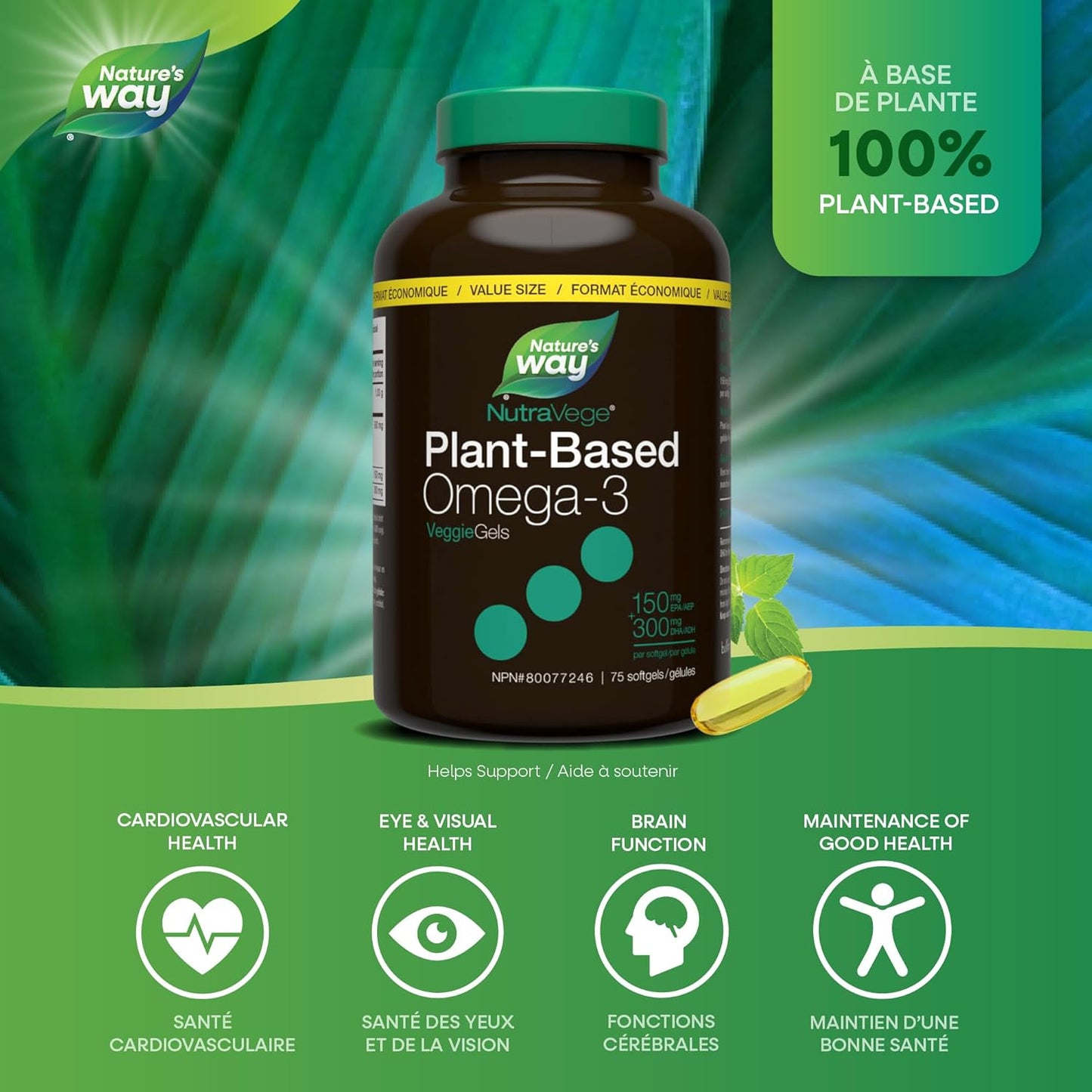 Nature's Way NutraVege 植物基 Omega-3 素食胶囊 – 适合素食主义者的 Omega-3 补充剂，含 300 毫克 DHA + 150 毫克 EPA – 清新薄荷口味 – 支持成人心脏、眼睛和大脑功能，75 粒超值装