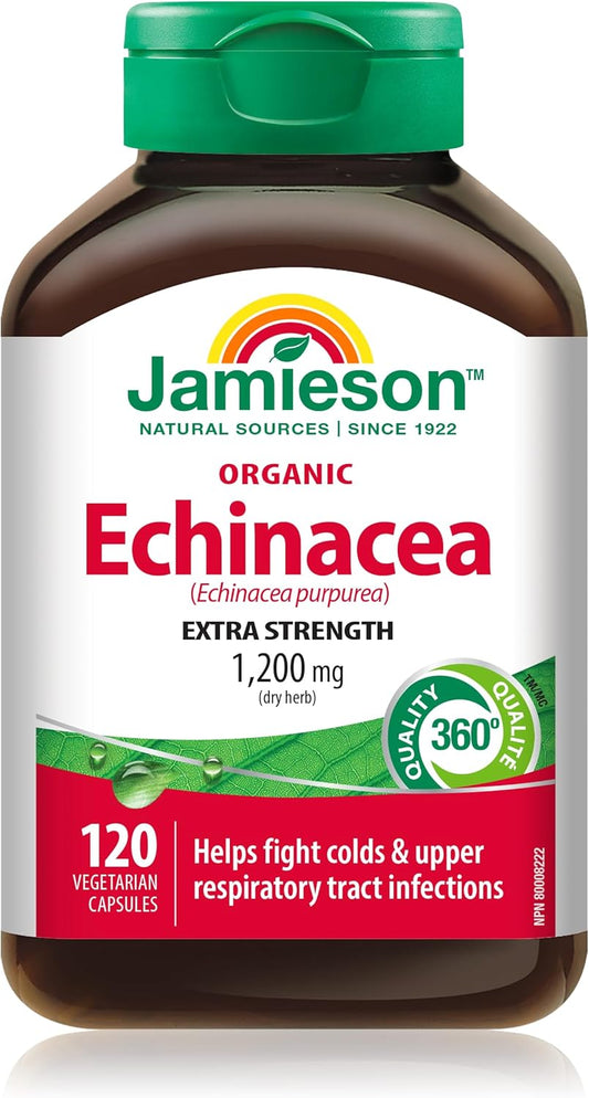 Jamieson 有机紫锥菊 1200 毫克素食胶囊，强效配方，有效预防感冒和上呼吸道感染。蕴含紫锥菊，非转基因，无麸质，120 粒，加拿大制造
