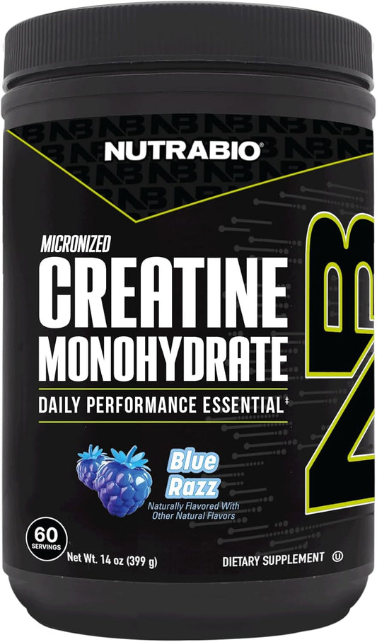 NutraBio Pure Micronized Creatine Monohydrate Powder Supplement, Blue Razz Burst(399g)