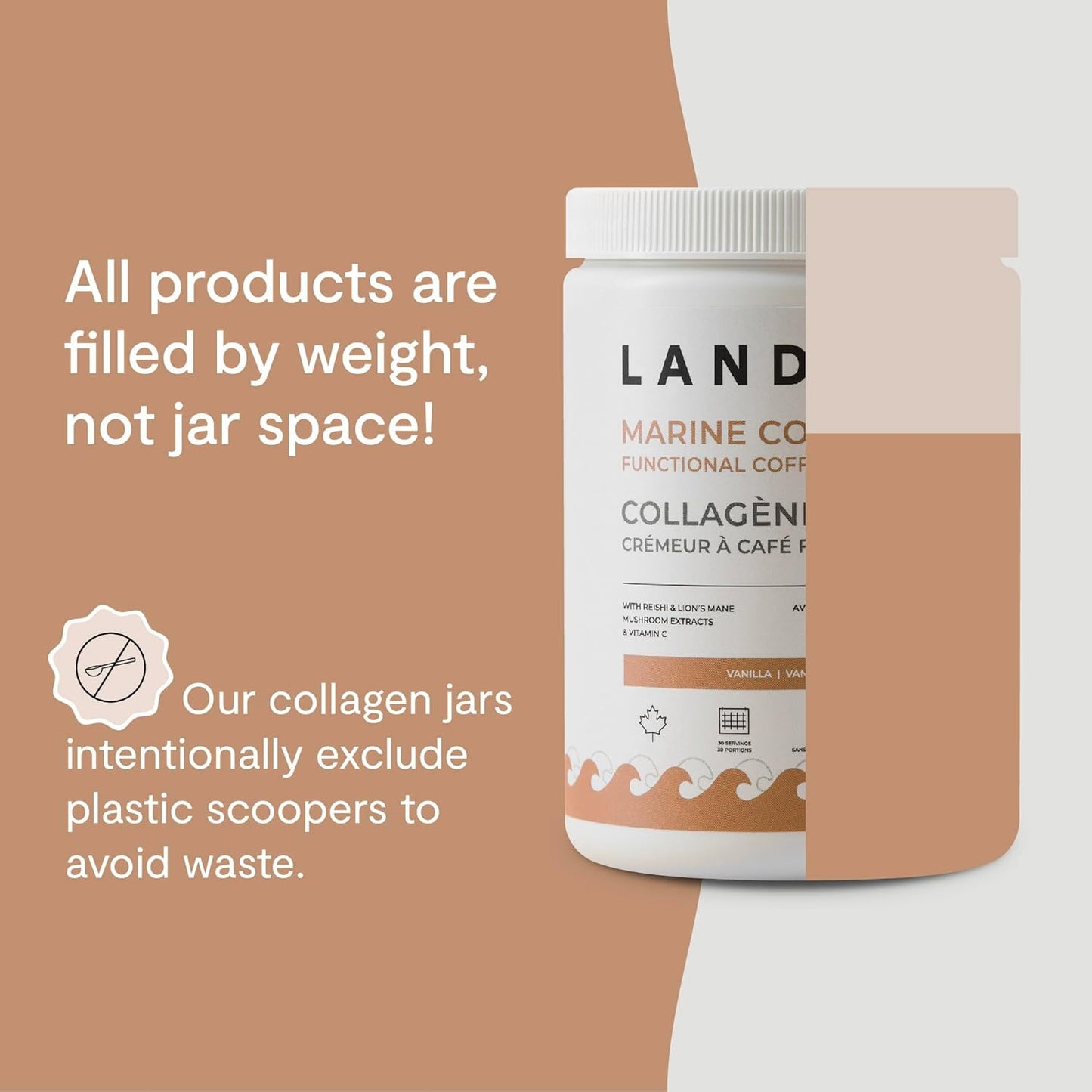 Landish 海洋膠原蛋白咖啡奶精粉 - 野生海洋膠原蛋白、靈芝、獅鬃菇和維生素 C - 有益於皮膚、頭髮和指甲，促進關節和免疫健康 - 香草味 - 不含乳製品、不含麩質、不添加糖…