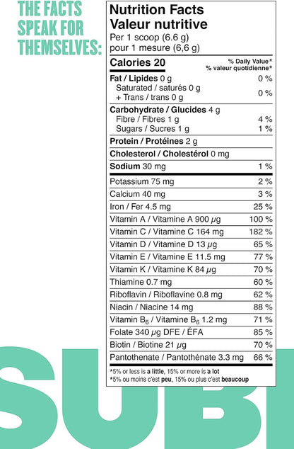 SUBI Greens 超级食品粉每日蔬菜粉，1 袋可容纳 20 多磅水果和蔬菜，加拿大制造，超级食品成分：抹茶、羽衣甘蓝、大麦草、螺旋藻、巴西莓、枸杞 - 40 天供应量