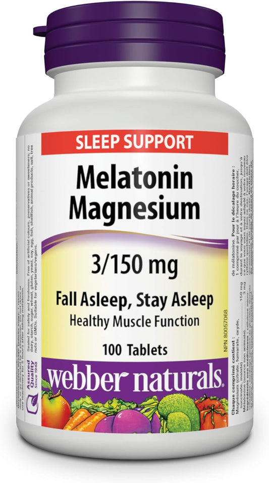 Webber Naturals Melatonin 3 mg with 150 mg of Magnesium, 100 Tablets, For Sleep Support, Muscle Function and Relaxation, Vegan