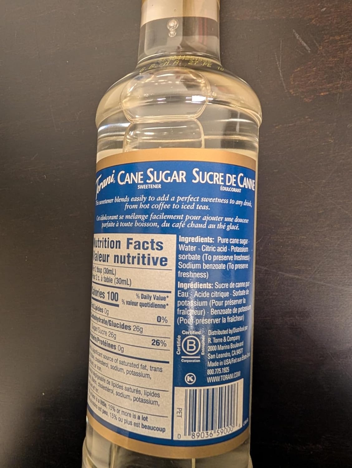 TORANI 蔗糖甜味剂，750毫升 PET 瓶装，4 包