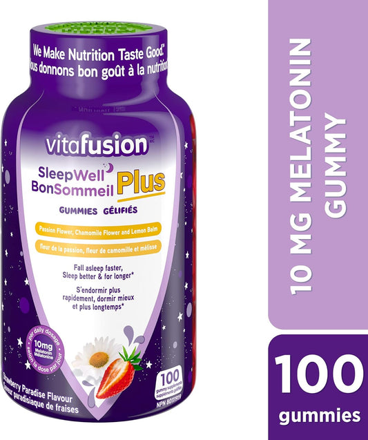 Vitafusion Sleepwell Plus 成人維生素軟糖,每日劑量含 10 毫克褪黑激素和 Fibre Well 成人補充軟糖,含 10 克纖維,90 粒(22 天用量),包裝可能有所不同。