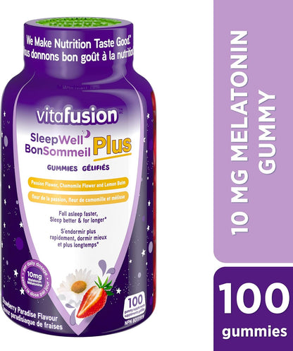 Vitafusion Sleepwell Plus 成人维生素软糖，每日剂量含 10 毫克褪黑激素和 Fibre Well 成人补充软糖，含 10 克纤维，90 粒（22 天用量），包装可能有所不同。