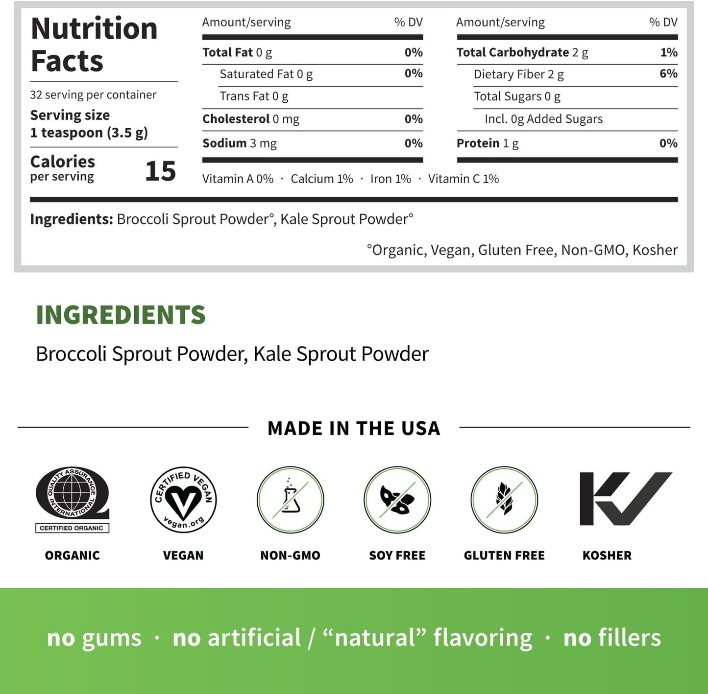 Sprout Living 西蘭花和羽衣甘藍有機芽菜混合物，冷凍乾燥超級食品綠色粉，100% 純素，純素，非基因，無麩質（4 盎司，32 份）