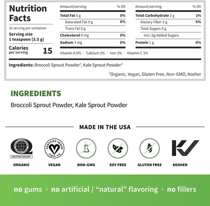 Sprout Living 西蘭花和羽衣甘藍有機芽菜混合物，冷凍乾燥超級食品綠色粉，100% 純素，純素，非基因，無麩質（4 盎司，32 份）