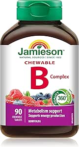 Jamieson 咀嚼維生素B複合物，天然莓果口味，天然補充能量，促進新陳代謝，補充葉酸。素食，無麩質，不含人工香料、色素或防腐劑，90粒，加拿大製造
