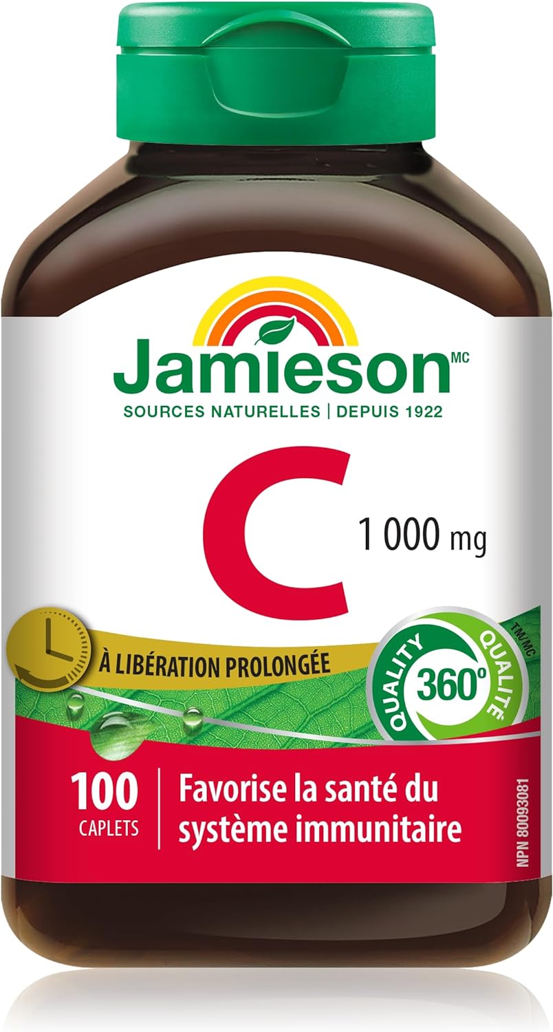 Jamieson 维生素 C 1000 毫克缓释胶囊，支持免疫健康，强健牙齿和骨骼。全天缓释维生素 C，素食，无麸质，100 粒装，加拿大制造