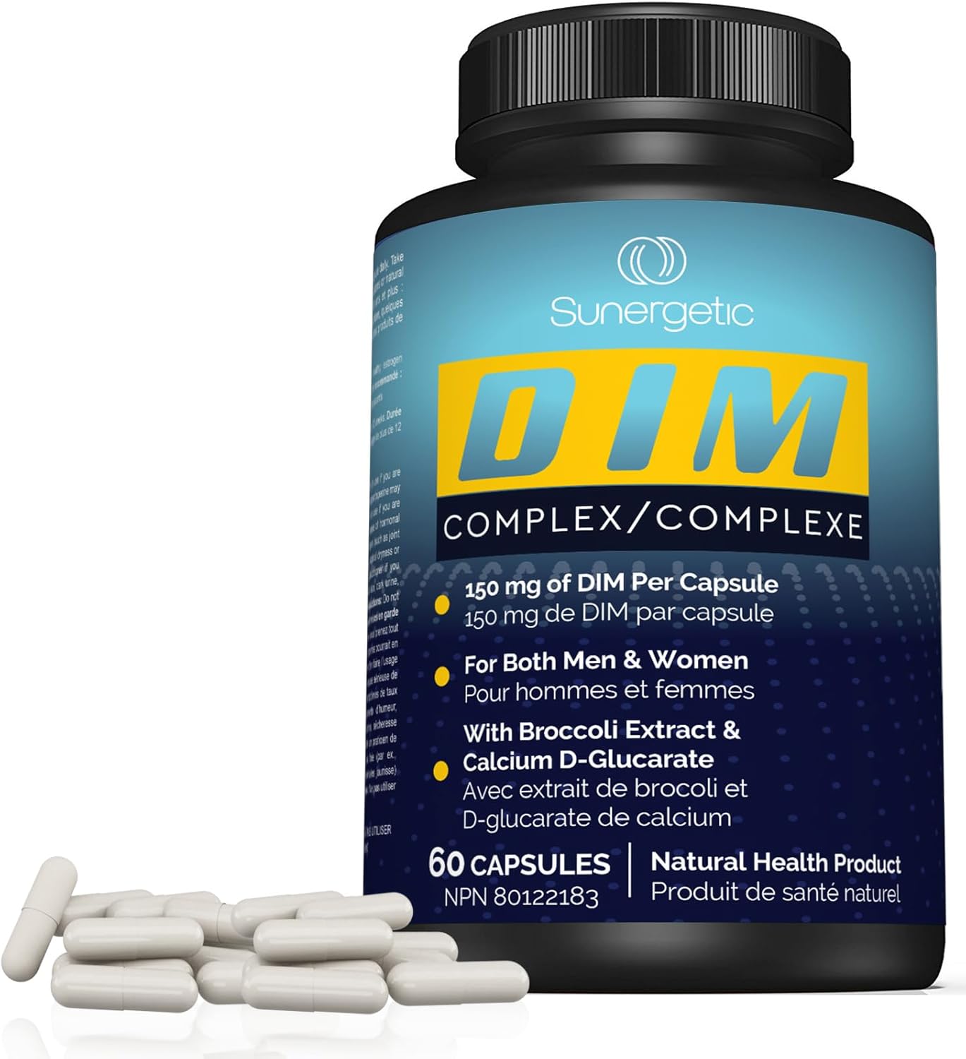 Sunergetic 優質 DIM 補充劑 - 150 毫克 DIM（二吲哚甲烷）、西蘭花、D-葡萄糖酸鈣和胡椒鹼 - 男女適用 DIM 膠囊 - DIM 複合物，用於更年期支持和平衡 - 60 粒 DIM 膠囊