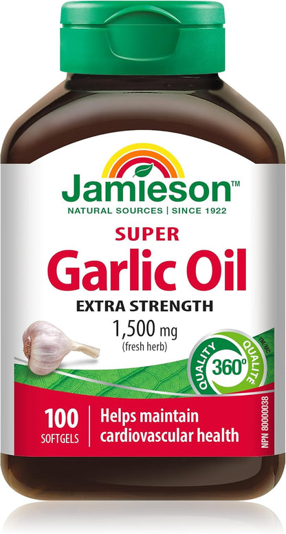 Jamieson Super Garlic Oil 1,500 mg, Extra Strength, Supports Heart Health, and Provides Immune Support. Non-GMO, Gluten-Free, 100 Softgels, Proudly Canadian
