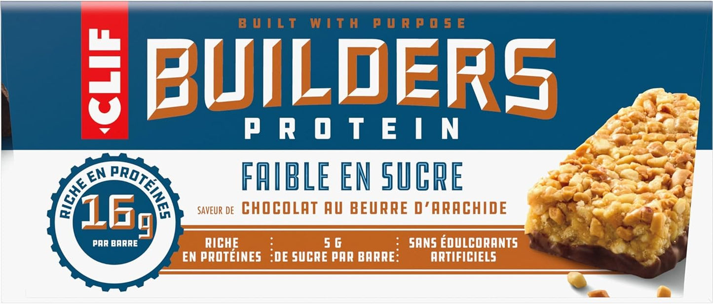 CLIF BUILDERS 低糖蛋白棒，12 包，每包 56 克，16 克蛋白质，5 克糖，不含人工甜味剂，花生酱巧克力味，高蛋白零食，加拿大制造