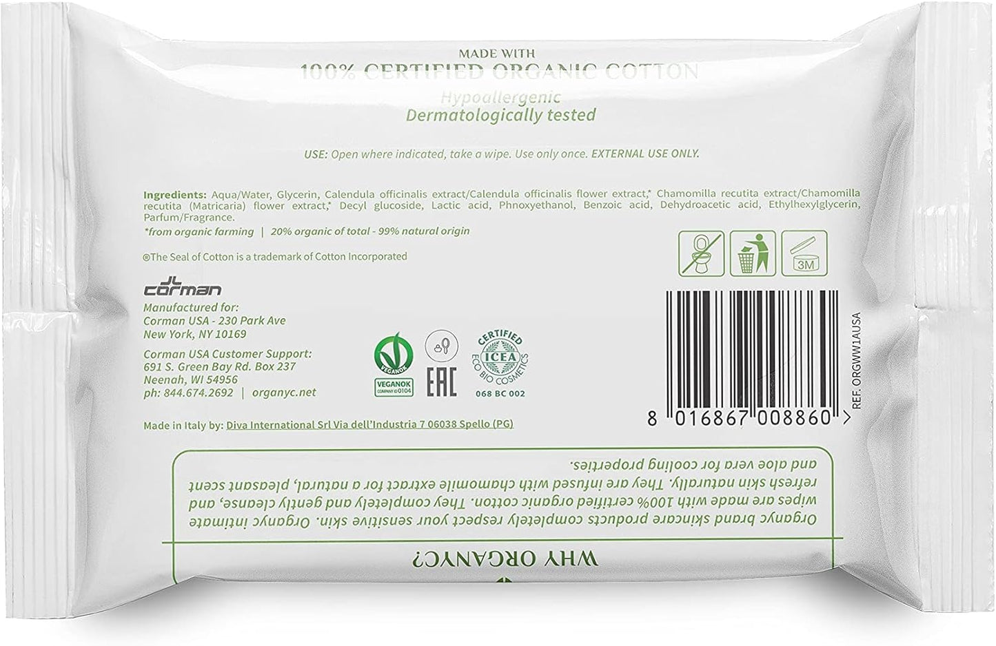 Organyc 100% 有機棉私密濕紙巾，不含對羥基苯甲酸酯、酒精或氯，20 片