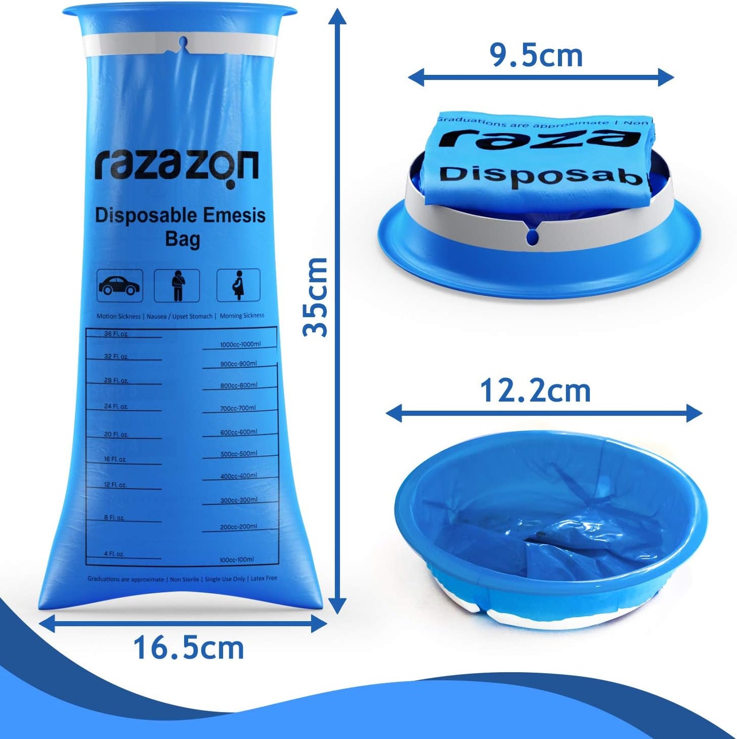 RAZAZON Vomit Bags Disposable Medical Grade for Adults - 50 Pack - Leak Resistant, Portable, Emesis Bags Disposable Car Sick Bag, Puke, Throw Up, Barf Bags for Travel Motion Sickness, Kids, Taxi