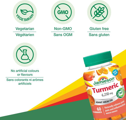 Jamieson Turmeric Gummies Mango Orange Flavour, Provides Natural Joint Pain Relief and Supports Inflammation, Potent Antioxidant. Vegetarian, Non-GMO, Gluten-Free, No Artificial Colours, or Flavours, 60 Count, Proudly Ca…