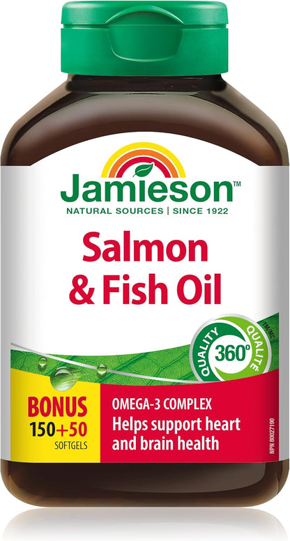 Jamieson Salmon and Fish Oil 1,000 mg Softgels, Bonus Size, Supports Heart and Brain Health. With Wild Salmon, EPA and DHA, Non-GMO, Gluten-Free, 200 Count, Proudly Canadian
