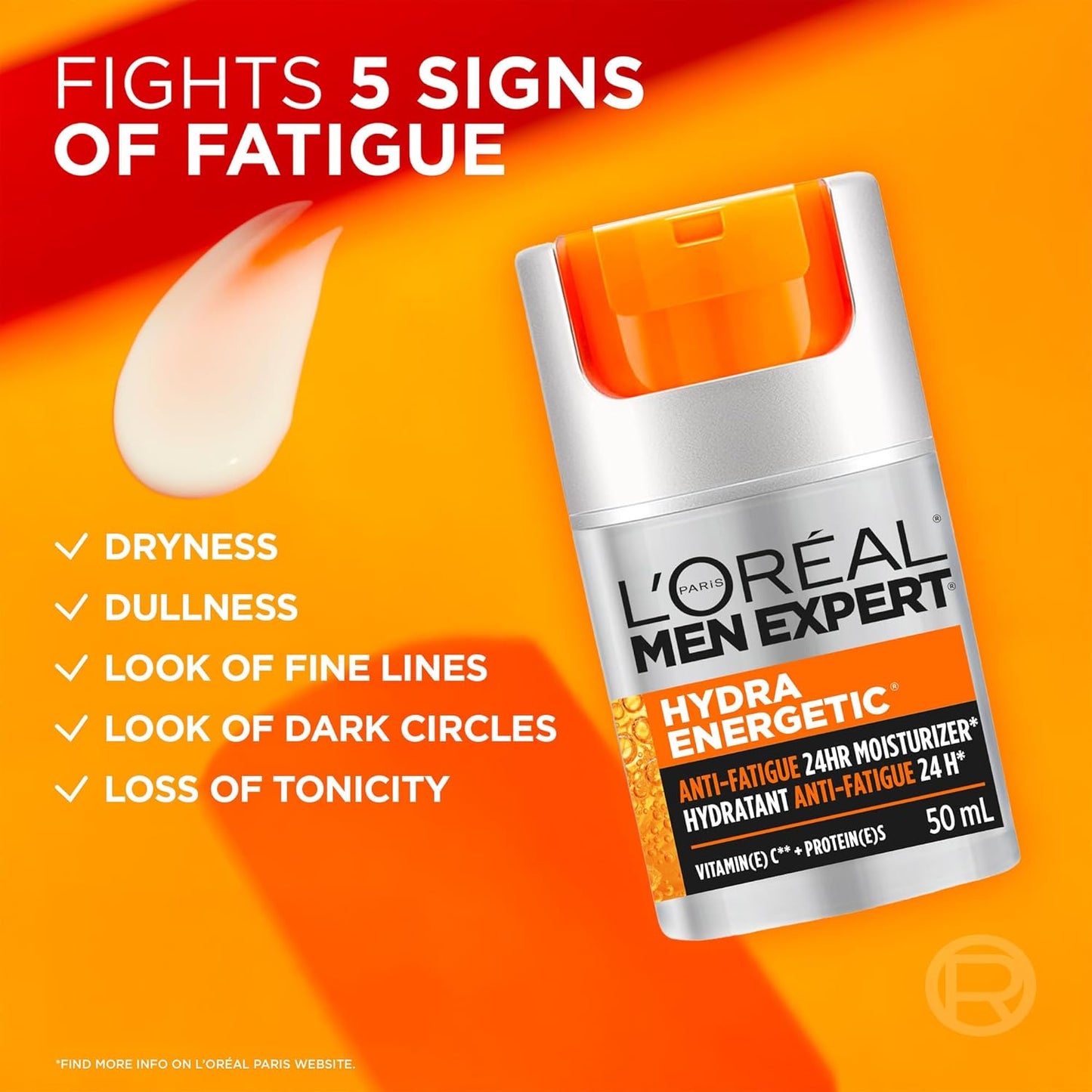 L’Oréal Paris Men Expert Anti Fatigue Face Cream for Men with Vitamin C & Protein, Mens Face Cream, For Dry and Dull Skin, Reduces look of fine lines & dark circles, Hydra Energetic, 50ml