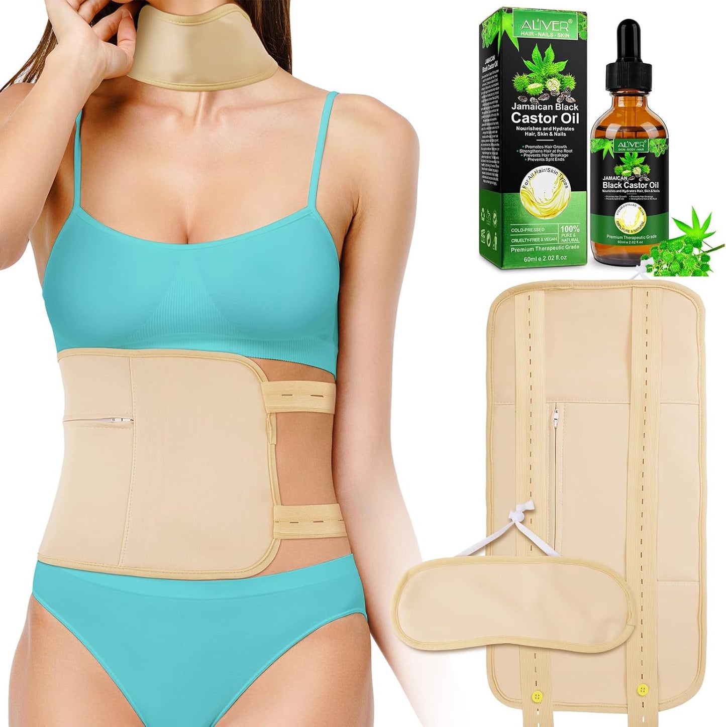 2 Pack Castor Oil Pack Wrap, Reusable Organic Castor Oil Pack Kit for Waist and Thyroid Neck, Castor Oil Packs for Liver Detox with Adjustable Elastic Strap Bamboo Cotton Machine Washable Anti Oil Leak (Premium Khaki Set)